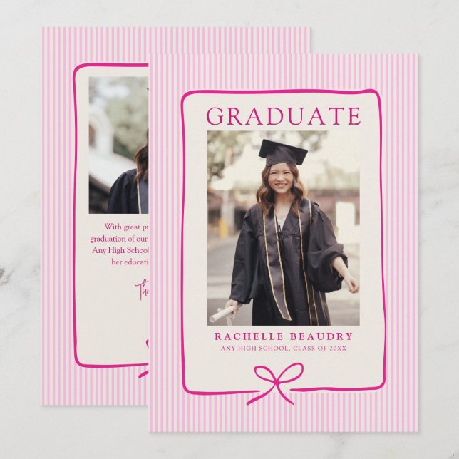 Anúncio Elegant Pink Stripes Bow Frame Graduation Photo  (Frente/Verso)