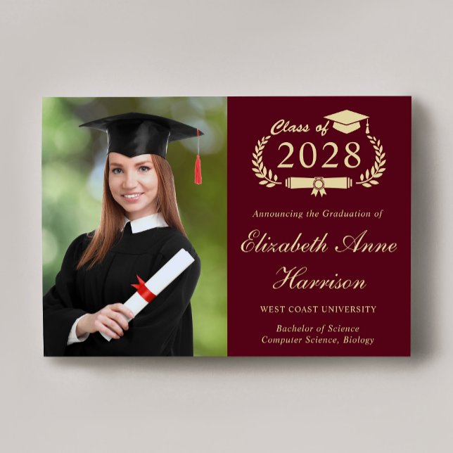 Anúncio Elegant Script Photo Burgundy College Graduation (An elegant college graduation announcement to celebrate the graduate's achievements)