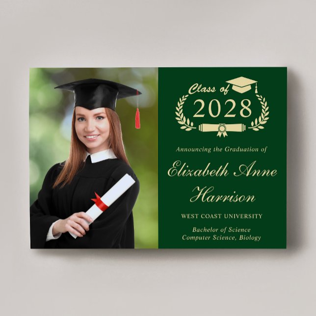 Anúncio Elegant Script Photo Green College Graduation (An elegant college graduation announcement to celebrate the graduate's achievements)