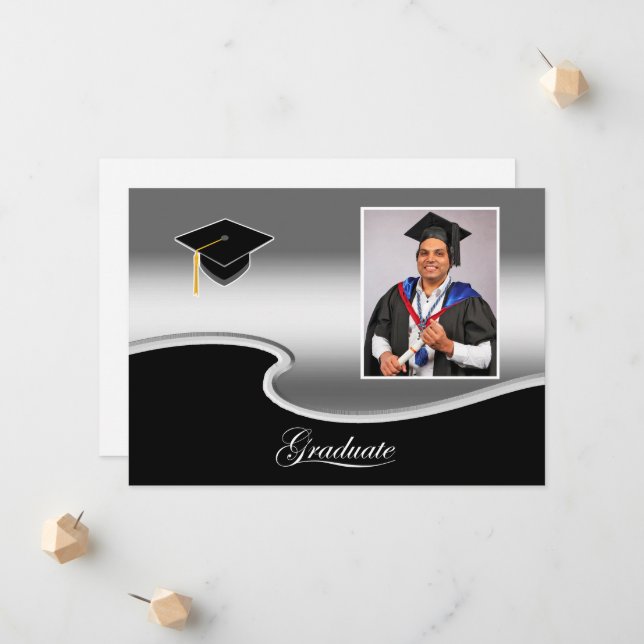 Anúncio Elegant Silver and Black Grad Party invitation (Frente/Verso In Situ)