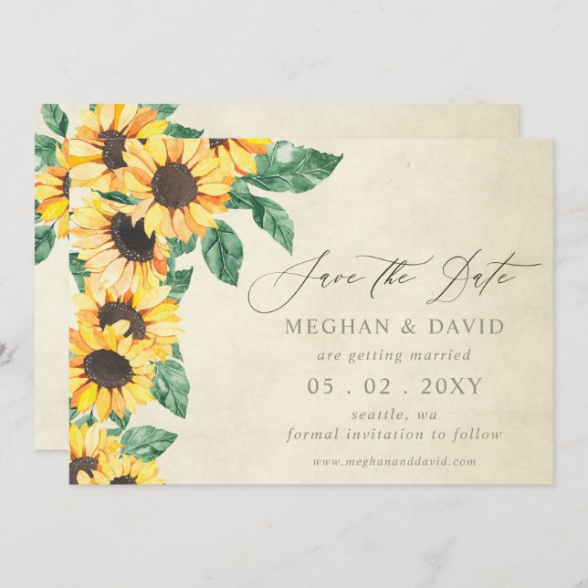 Anúncio Elegant Sunflowers Garden Floral Save the Date (Frente/Verso)