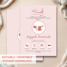 Anúncio Elegant Watercolor Islamic Baby Girl Announcement