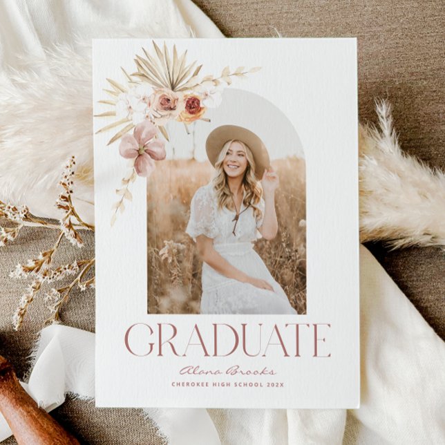 Anúncio Elegante Boho Watercolor Floral | Graduação de fot (Elegant Boho Floral Photo Graduation Announcement)