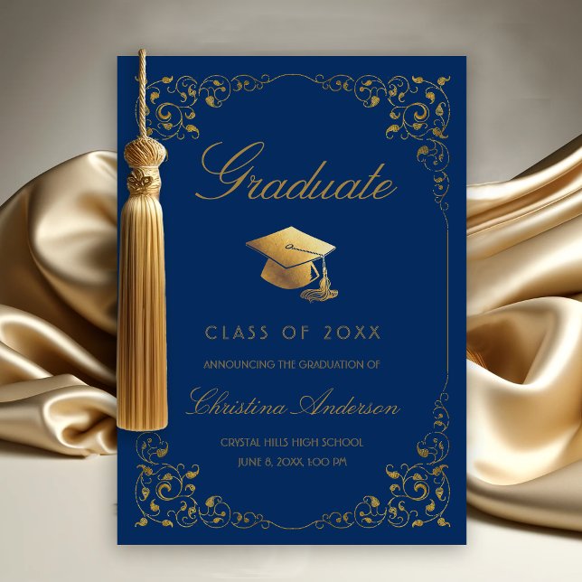 Anúncio Elegante Boina de Graduado em Ouro com Folhas de H (Gold Leaf on Royal Blue Graduation Announcement)