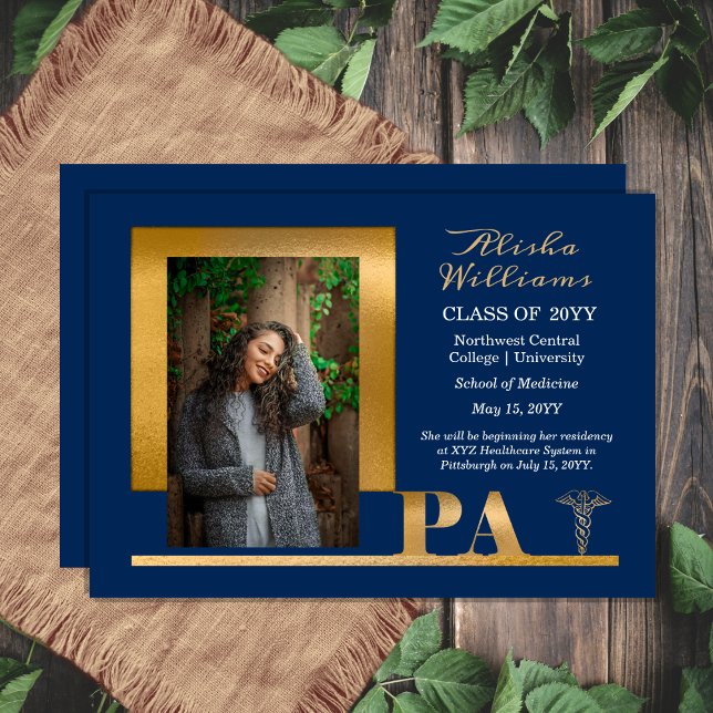 Anúncio Elegante Dourado PA Caduceus 1 Photo Blue Formando (Elegant Gold Tone "PA" Physician's Assistant Caduceus One Photo Blue Graduation Announcement )