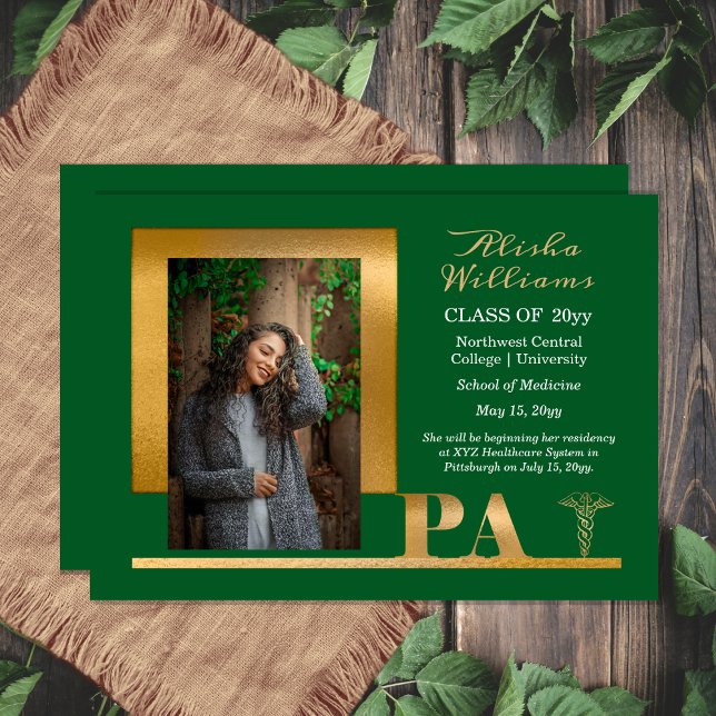 Anúncio Elegante Dourado PA Caduceus 1 Photo Dk Green Form (Elegant Gold Tone "PA" Caduceus One Photo Dark Green Graduation Announcement for Print | Download)