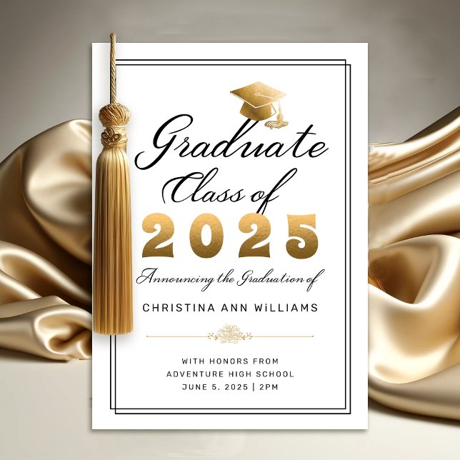 Anúncio Elegante Graduação 2025 em Ouro Branco com Letreir (Elegant White Gold Script Graduation Announcement)