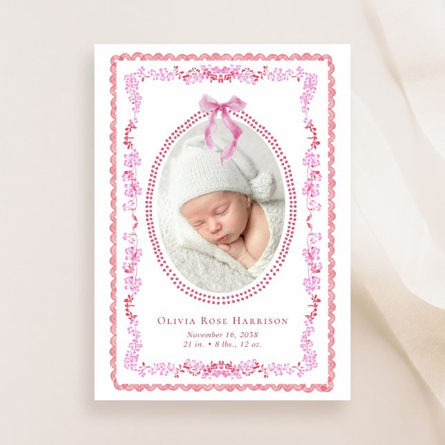 Anúncio Elegante Pink Red Watercolor Fotografia com Foto R (A beautiful and unique way to thank family and friends and introduce them to your precious baby)