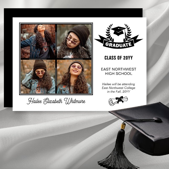 Anúncio Elegante Quatro Fotografias Preto | Graduação Bran (Elegant Four Photo Black on White Background Graduation Announcement - Print | Digital Download)