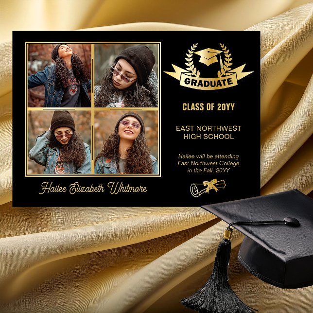 Anúncio Elegante Quatro Fotografias Preto | Graduação Dour (Elegant Four Photo Black and Gold Tone Graduation Announcement - Print | Digital Download)