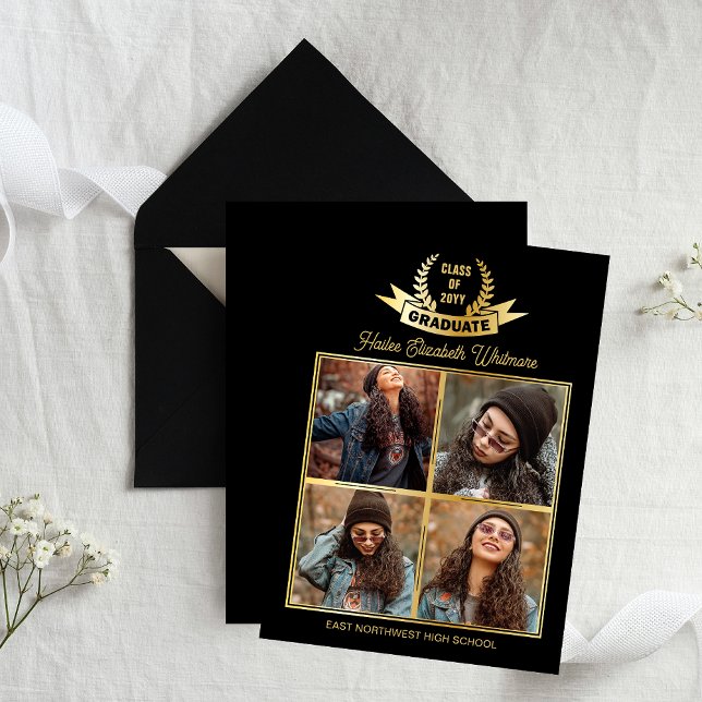 Anúncio Elegante Quatro Fotografias Preto | Graduação Dour (Elegant 4 Photo Collage "Graduate" Laurels High School Graduation Announcement - Black | Gold Tone)