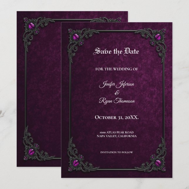 Anúncio Elegante roxo gótico Salve a data (Frente/Verso)