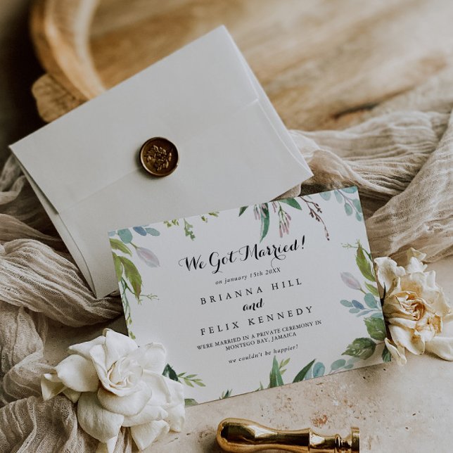 Anúncio Elopemento de Caligrafia Moderna Tropical Greenery (Criador carregado)