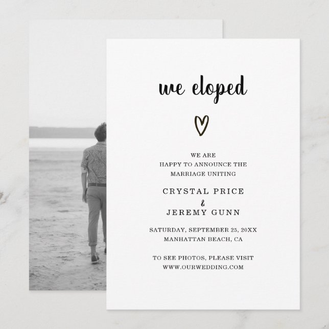 Anúncio Elopemento de Foto de Coração Branca e Preto (Frente/Verso)