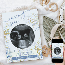 Anúncio Em Breve Ultrassom Foto Dourada Folhagem Azul