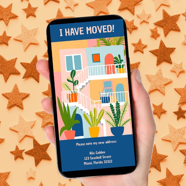 Anúncio em movimento Nova Placa Isenta de Árvore A (Cute Moving Announcement New Home Address Tree-Free digital ecard, custom tropical artwork to email)