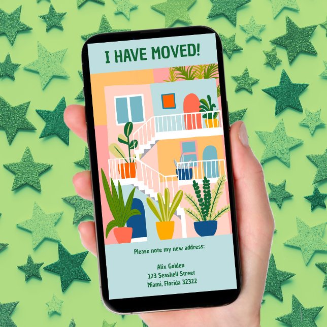 Anúncio em movimento Nova Placa Isenta de Árvore A (Cute Moving Announcement New Home Address Tree-Free digital ecard, custom tropical artwork to email)