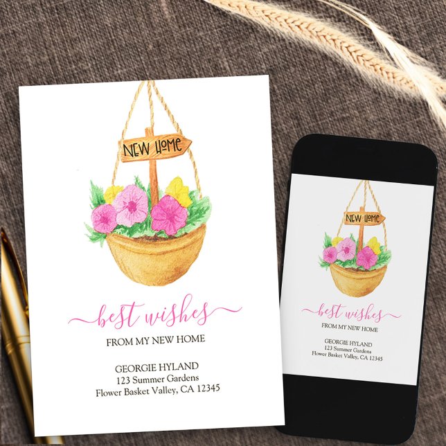 Anúncio Embelezando Minha Nova Casa Cesta Suspensa Mudando (hanging basket new address card available printed or as printable digital download)