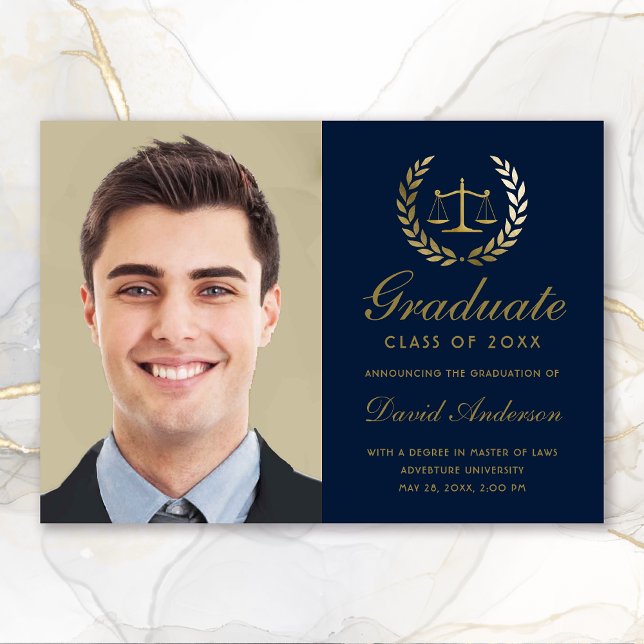 Anúncio Escalas Douradas da Lei da Justiça Marinho Graduaç (Gold Scales of Justice Law Navy Blue Photo Graduation Announcement)