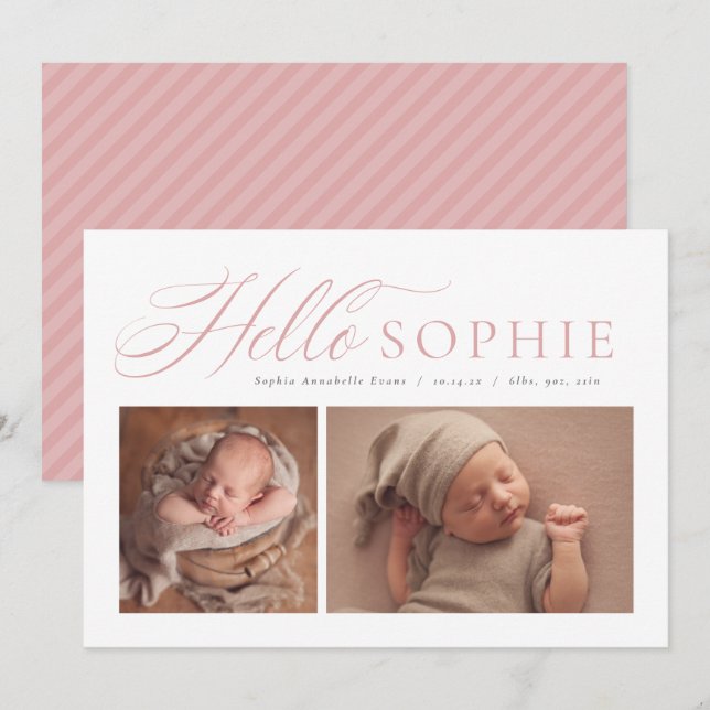 Anúncio Escrito elegante com duas fotos de nascimento rosa (Frente/Verso)