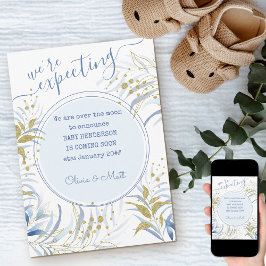 Anúncio Esperávamos Gravidez de Folhagem Azul e Dourada