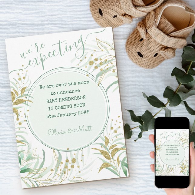 Anúncio Esperávamos uma gravidez foliar verde e Dourada (Criador carregado)