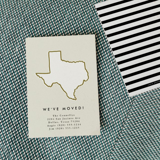 Anúncio Estado do Texas Mudamos o movimento feito à mão (Chic hand-drawn Texas state moving announcement.)