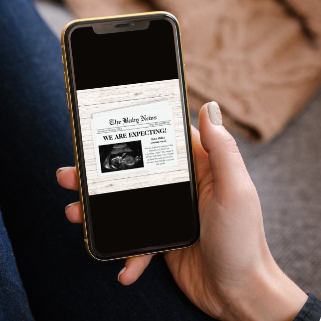 Anúncio Estamos Esperando Gravidez De Foto Em Jornal (we are expecting newspaper style photo pregnancy announcement card ultrasound sonogram)