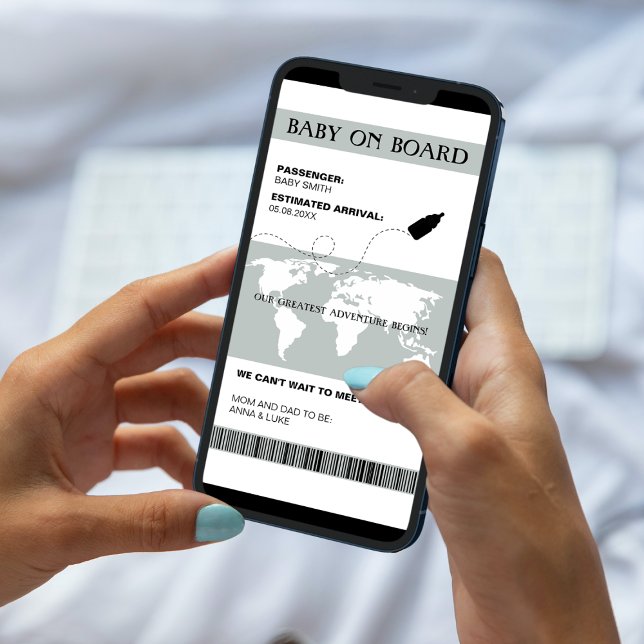 Anúncio Estilo de Passagem de Embarque de Gravidez Engraça (baby on board boarding pass pregnancy announcement our greatest adventure begins)
