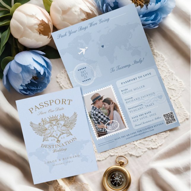 Anúncio Estilo do Passaporte Salvar A Data Destino Casamen (Passport Style Save The Date Destination Wedding Announcement)