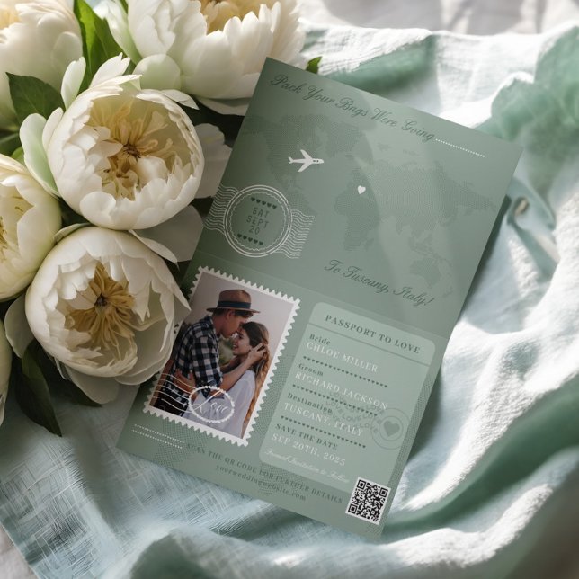 Anúncio Estilo do Passaporte Salvar A Data Destino Casamen (Passport Style Save The Date Destination Wedding Announcement)