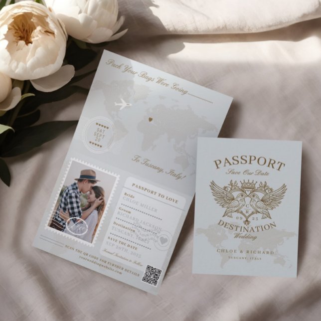 Anúncio Estilo do Passaporte Salvar A Data Destino Casamen (Passport Style Save The Date Destination Wedding Announcement)
