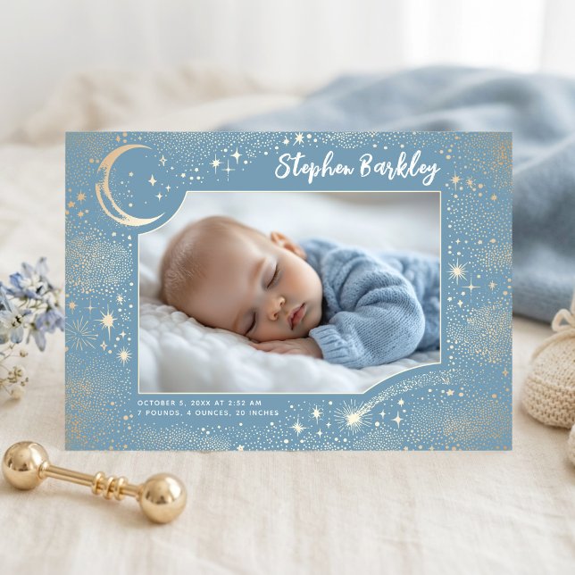 Anúncio Estrelas Fofo Lua Celestial Recém-Nascido Menino F (Cute Twinkle Stars Birth Announcement Photo Card)