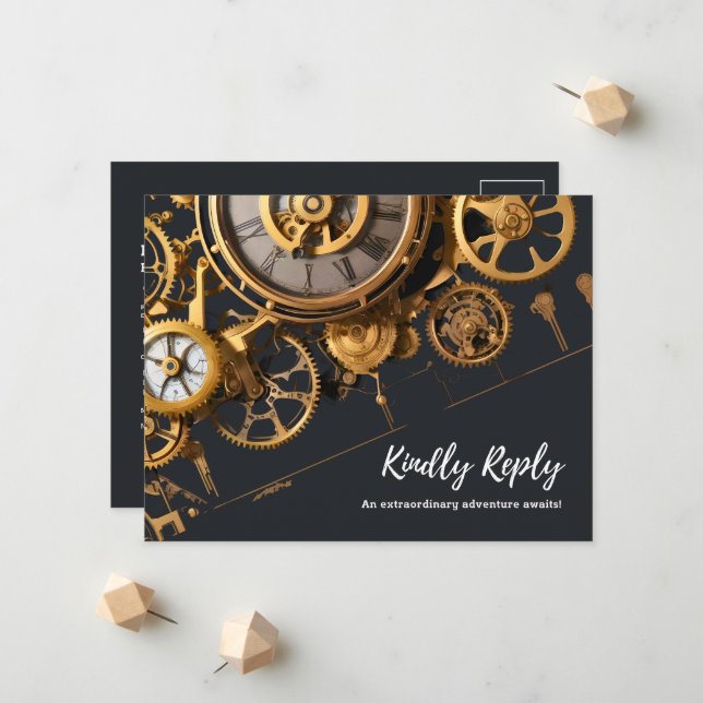 Anúncio Extravagância Steampunk Relógio Antigo RSVP (Frente/Verso In Situ)