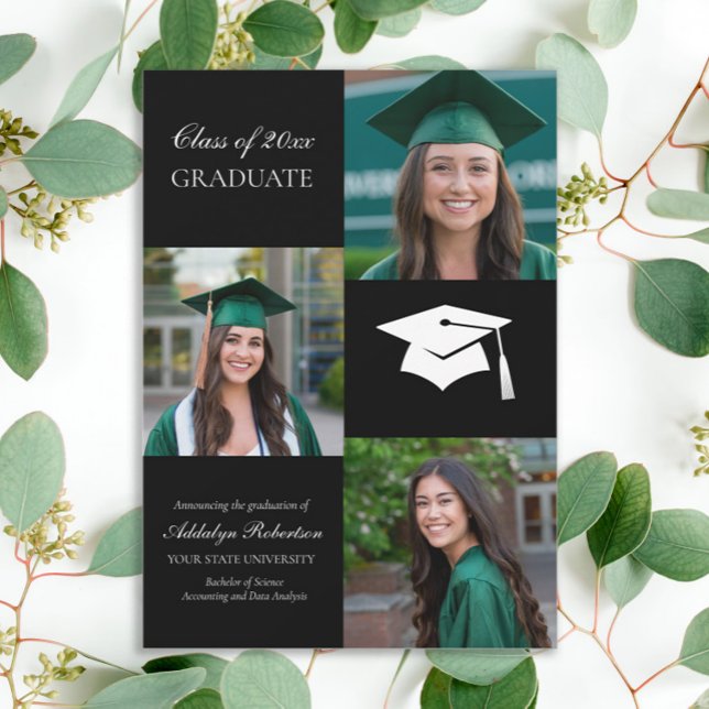 Anúncio Faculdade Preto e Branco Foto Graduação Universida (Elegant black 3-photo graduation announcement)