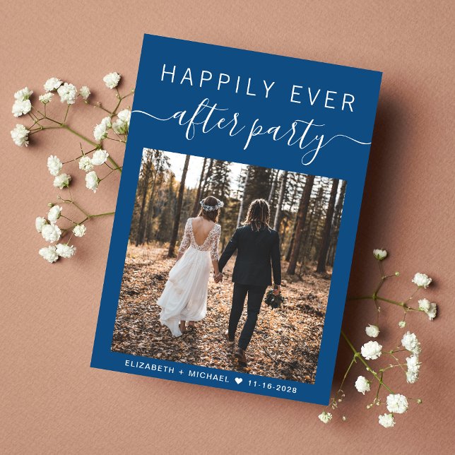 Anúncio Feliz Casamento Azul De Foto Da Festa (An chic Happily Ever After Party Invitation to set the tone for an unforgettable event)