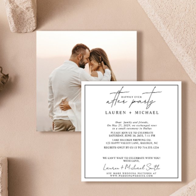 Anúncio Feliz Dia após Foto Casamento Preto e Branco (Easily personalize this photo wedding reception invitation with your photo and unique details.)