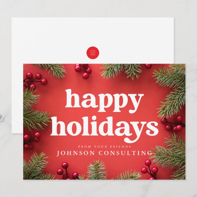 Anúncio Feliz Natal Moderno Holly Berry Pine Agulha Vermel (Frente/Verso)