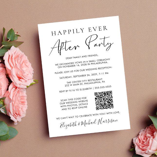 Anúncio Festa de Felizes para Sempre Código QR de Foto Cas (Input your wedding website address to automatically generate a scannable QR code)