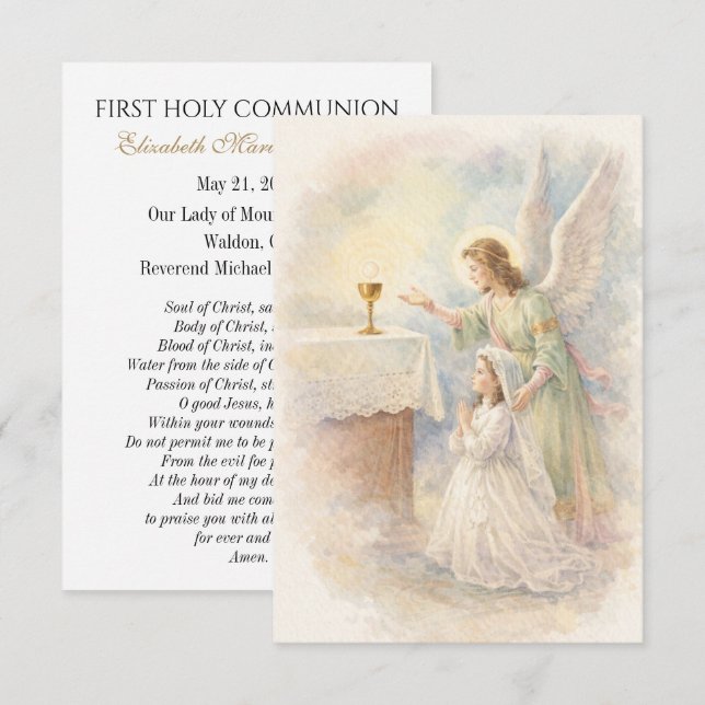 Anúncio First Communion Angel Eucharist Prayer Keepsake (Frente/Verso)