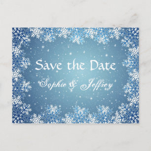 Anúncio Flocos de neve em cartão postal de casamento azul