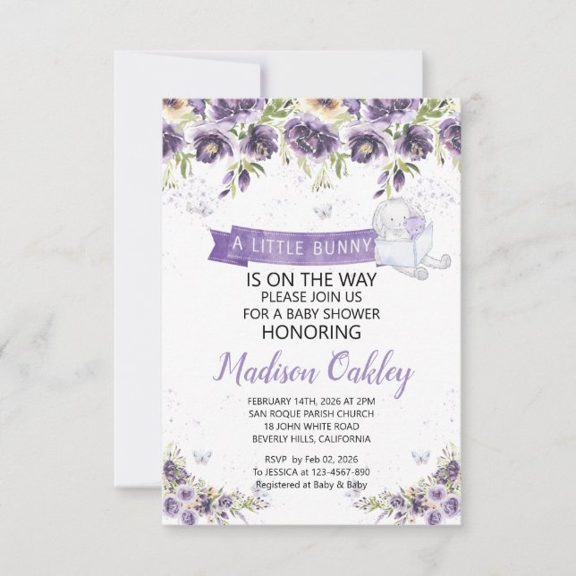 Anúncio Florais Roxos Um Pequeno Chá de fraldas Coelhinho  (Frente)