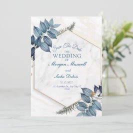Anúncio floral azul com casamento mármore