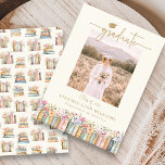 Anúncio Floral Books Photo Graduation<br><div class="desc">Celebrate your milestone with a personalized single photo graduation announcement featuring one favorite image on the front, beautifully accented by hand-painted watercolor books and delicate spring and summer wildflowers in soft shades of pink, blue, green, and gold. Elegant gold script paired with a vintage-inspired typewriter font on an ivory background...</div>