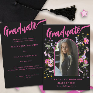Anúncio Floral Moderno Graduada Foto Preta Escrita Rosa