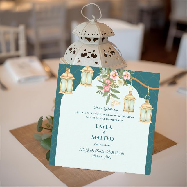 Anúncio Floral Teal Blue Golden Lantern Wedding (Floral Teal Blue Golden Lantern Wedding Announcement)