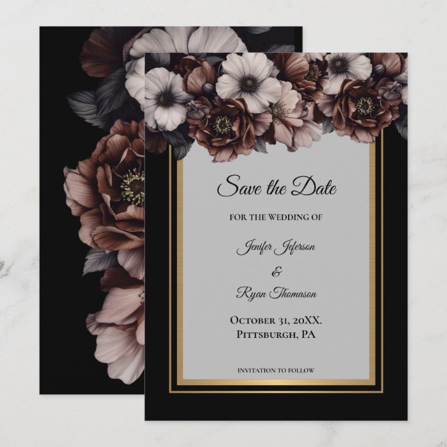 Anúncio Flores escuras e sombrias casamento salvar a data (Frente/Verso)