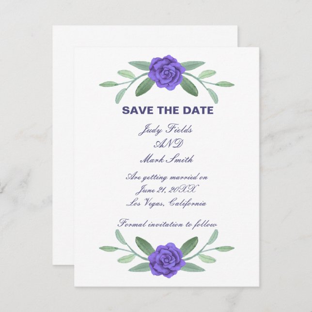 Anúncio Folhagem Verde Floral Azul Roxo Salvar A Data (Frente/Verso)