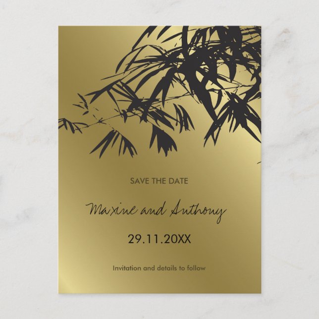 Anúncio Folhas de Bambu Preto + Dourado Cartão Postal Save (Frente)