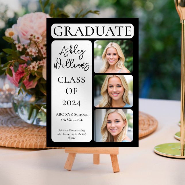 Anúncio Formando 3 minimalista elegante (Classy Elegant Minimalist Modern "Graduate" Portrait Style 3-Photo Graduation Announcement - Black)